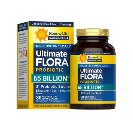 Digestive Ultimate Flora Probiotics | 65 Billion CFU | 30 Delayed Release Vegan Capsules | by Renew Life