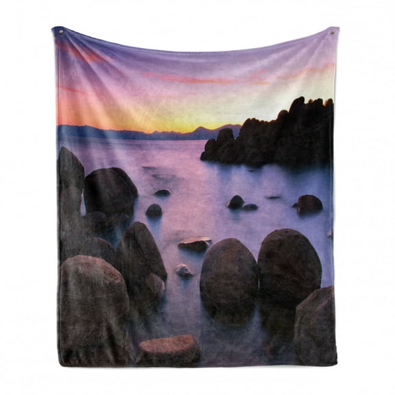 Lake Soft Flannel Fleece Blanket, Long Exposure Still Lake with Big Rocks in Blurred Water and Misty Color Sky Scenery, Cozy Plush for Indoor and Outdoor Use, 50" x 70", Grey Purple, by Ambesonne