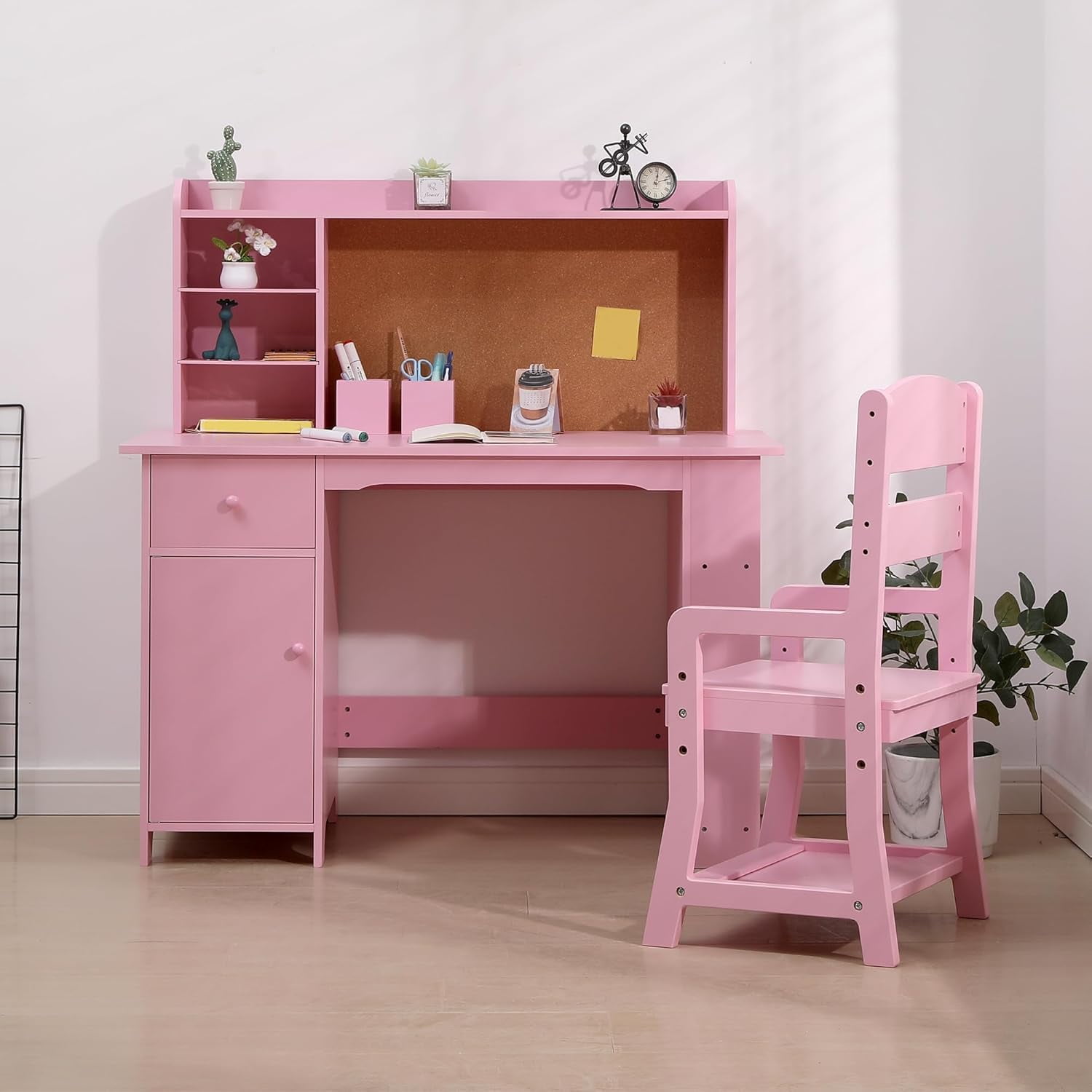 Kids Desk and Chair Set, Wooden Study Table with Storage Shelf, Bulletin Board, Children School Learning Desk Set, Writing Table for Boys and Girls