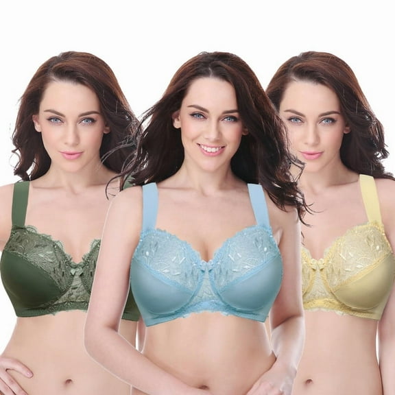 Curve Muse Plus Size Unlined Minimizer Wirefree Bras with Embroidery Lace-3Pack-Light Blue,Hunter Green,Yellow-34C