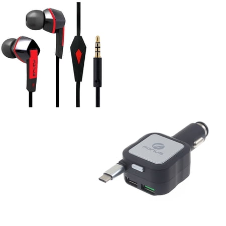 Retractable Car Charger w Headphones Wired Earphones Z5M for Sony Xperia XA1 - ZTE ZMax Pro Z981  Max XL  Grand X4 X3 X Max 2  Champ  Blade Z Max X MAX  Imperial Max  Spark View  Duo LTE  3 2S