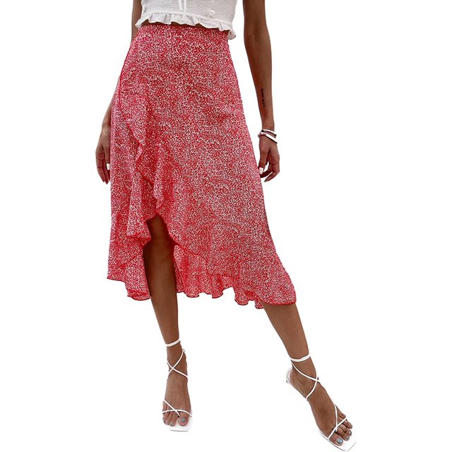 Falda midi floral para mujer, falda de playa con volantes cruzados, cintura alta, abertura Floral rojo Ditsy G Floral rojo Ditsy G Xishao ropa