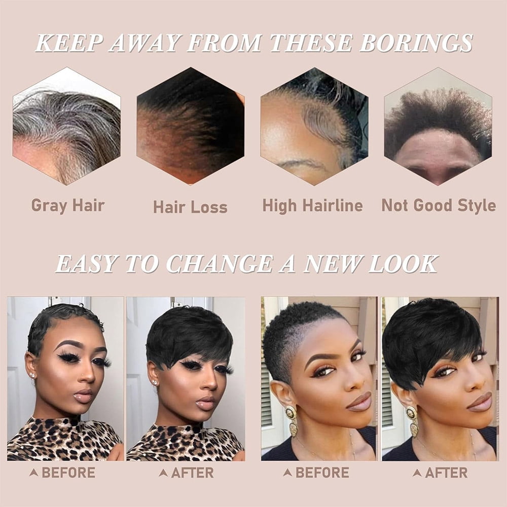 Human Hair Pixie Cut Wigs for Black Women Short Layered Straight Pixie Cut Wigs With Bangs Remy Hair Natural Black Color No Glue Wig