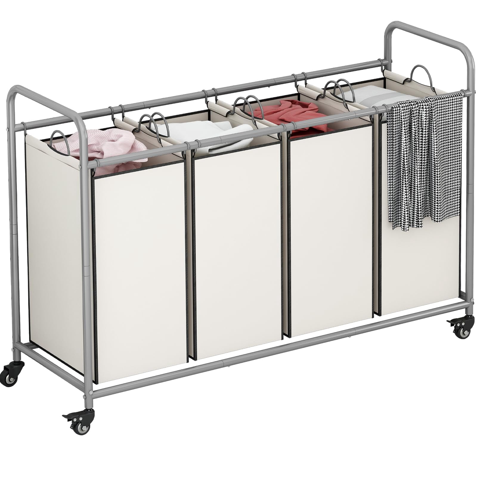 4 Bag Laundry Basket Sorter Laundry Hamper Cart with Heavy Duty Rolling Lockable Wheels and Removable Bags Organiser