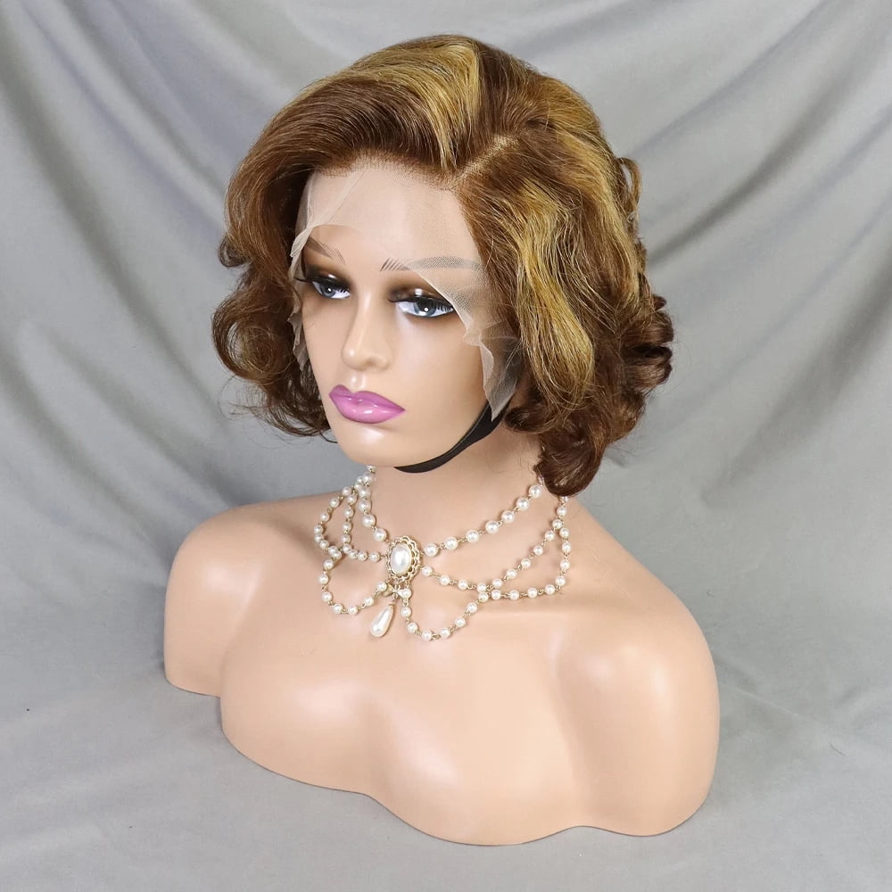 Loose Wave Pixie Cut Wig 4/27 Color Short Bob Human Hair 13x4 Lace Frontal Wigs Transparent Lace Human Hair for Black Women Lace Front Human Hair Wig