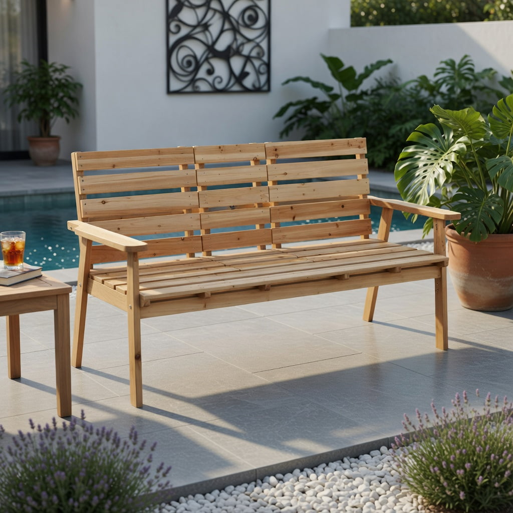 Hommoo Outdoor Folding Fir Wood Patio Bench with Built-in Center Table, Rustic Garden Seating for Backyard, Porch, or Deck, Natural
