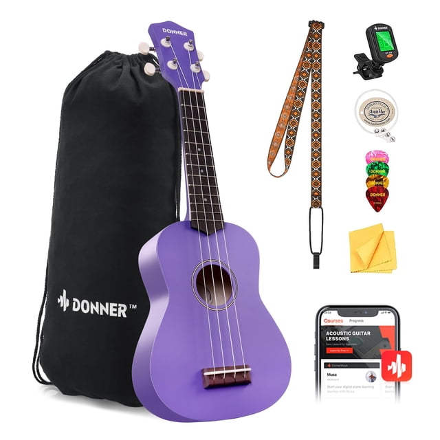 Ukelele Donner Soprano de 21 pulgadas para principiantes con kit morado