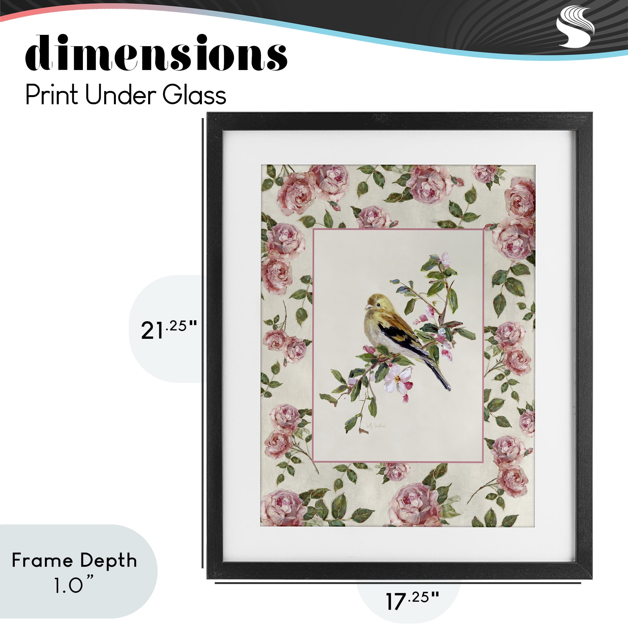 Stupell Industries Perched Bird with Dainty Roses Black Framed Print Under Glass, design by Sally Swatland
