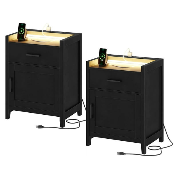 Set of 2 Nightstand with LED Lights and Charging Station, Beside Table