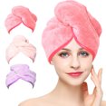 thumbnail image 1 of Toalla de microfibra para el cabello para mujeres, paquete de 2, turbante de cabello súper absorbente de secado rápido para secar cabello rizado, largo y grueso (azul+rosa+rosa claro), 1 of 5