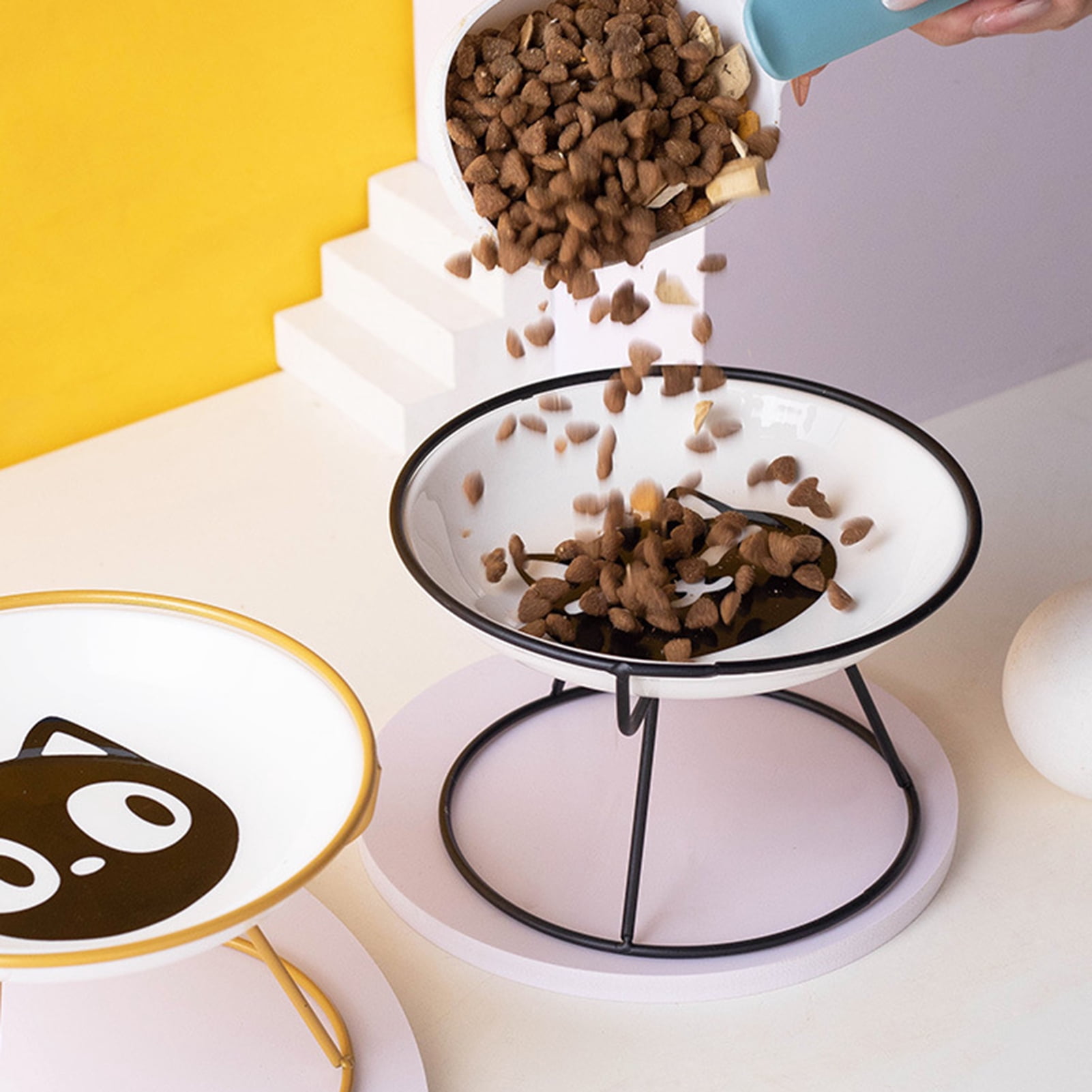 YIFAEUX Elevated Ceramic Cat Bowl Set Anti-Vomit Protect Cervical Vertebrae Indoor Cats Small Pets Colorful Patterns Pet Supplies