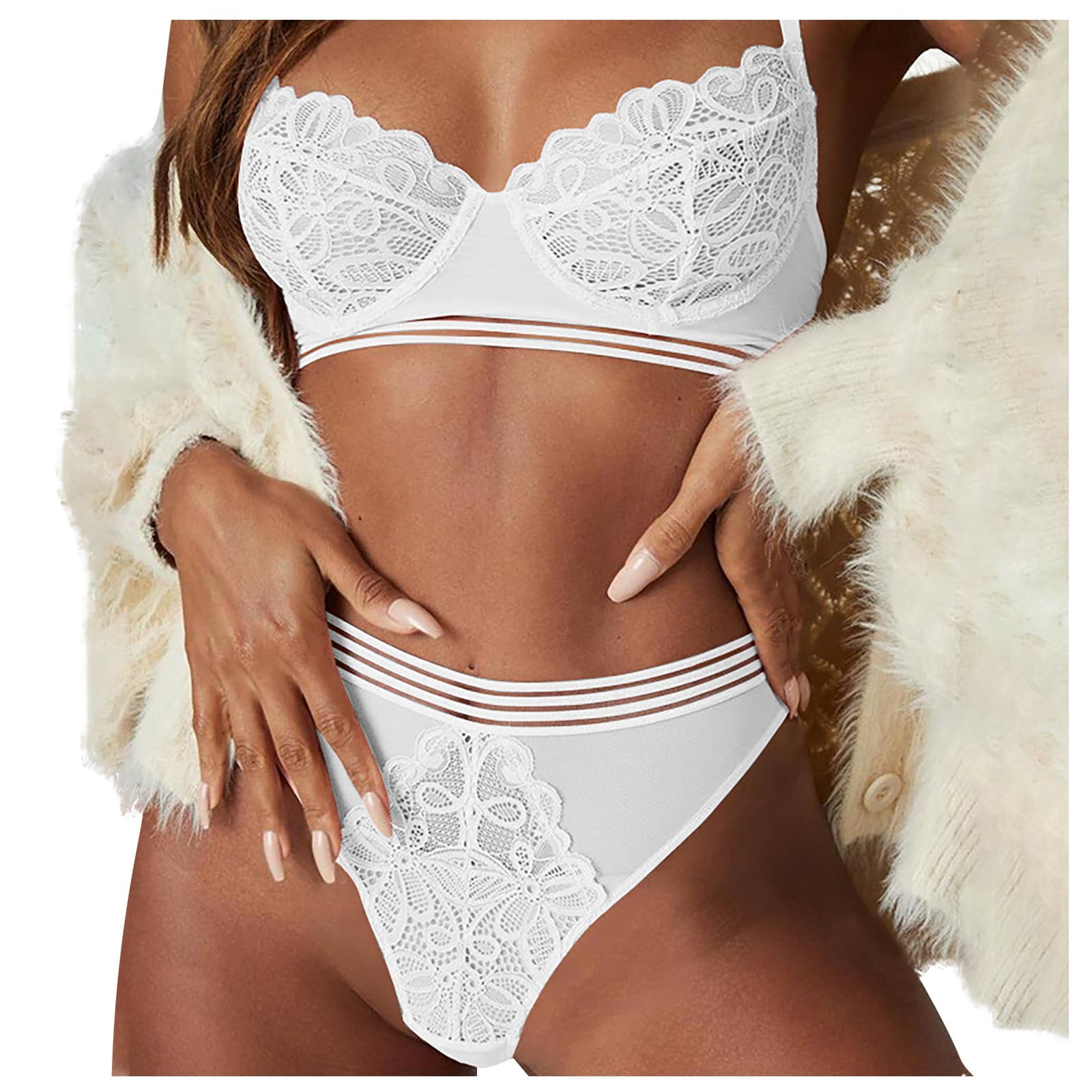 YDKZYMD White Sexy Bra and Panty Sets Mesh Plus Size High Waisted Lace Sexy Lingerie Set 2 Piece S pic