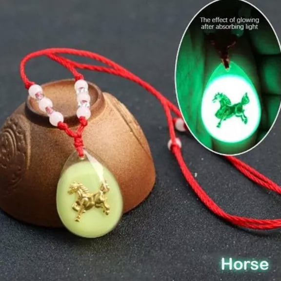 GKNET Chinese Zodiac Red Rop Pendant Necklace Luminous Beads Choker For Women Men WY4-Horse