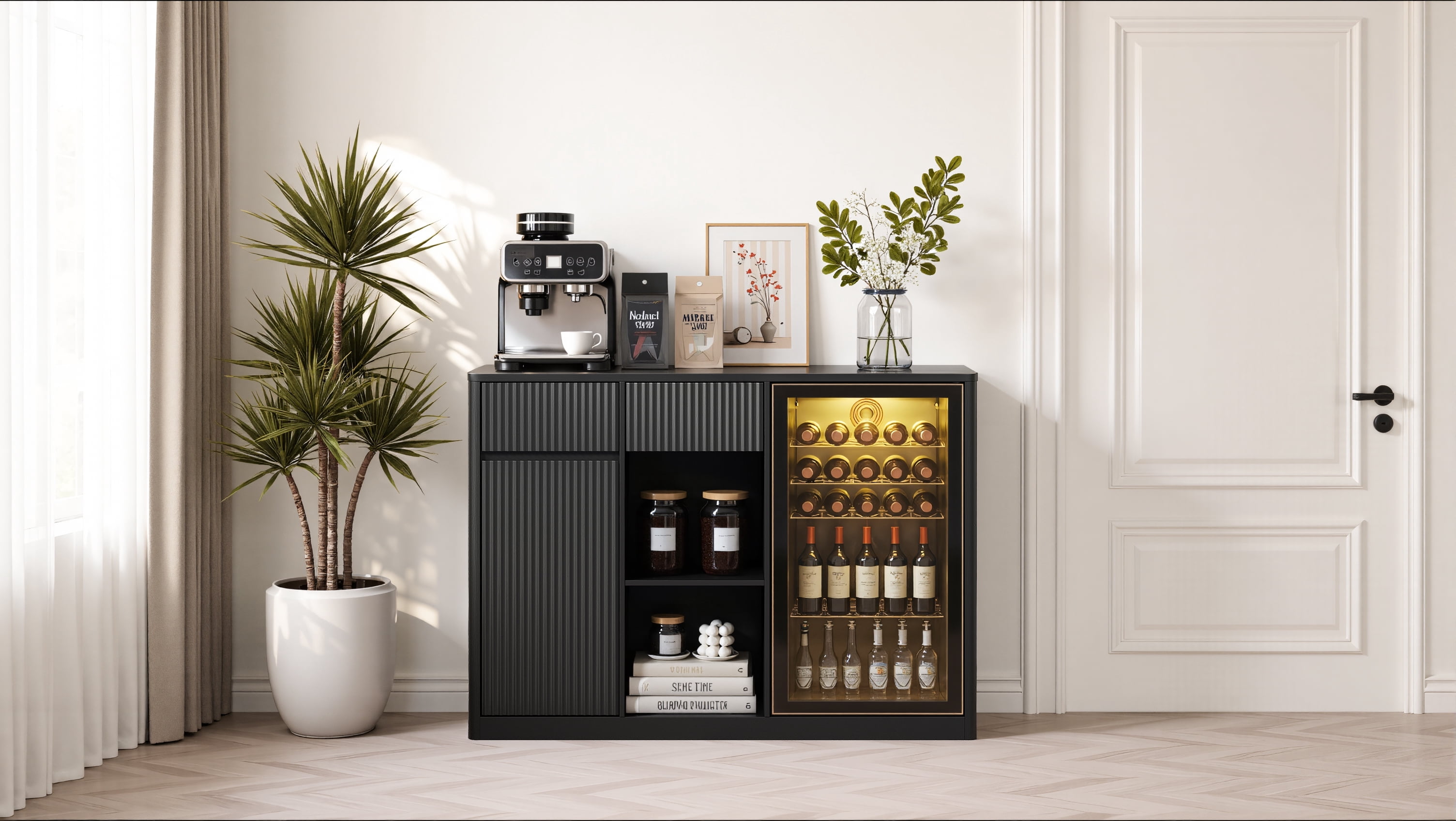 56.69 in Modern Fluted Bar Cabinet with Fridge Compartment, Adjustable Shelves & Built-in Power Outlets, Black