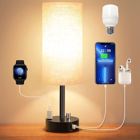 GVDV HOME Bedside Table Lamp, Fully Dimmable Lamp with USB C&A Fast Charging Port, AC Outlet, Lamp with Linen Fabric Shade and Black Base for Bedroom Living Room, Office, Dorm