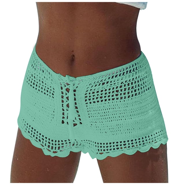 Women's Summer Solid Color Knitted Sexy Hollow Out Drawstring Beach Shorts And Swimming Trunks