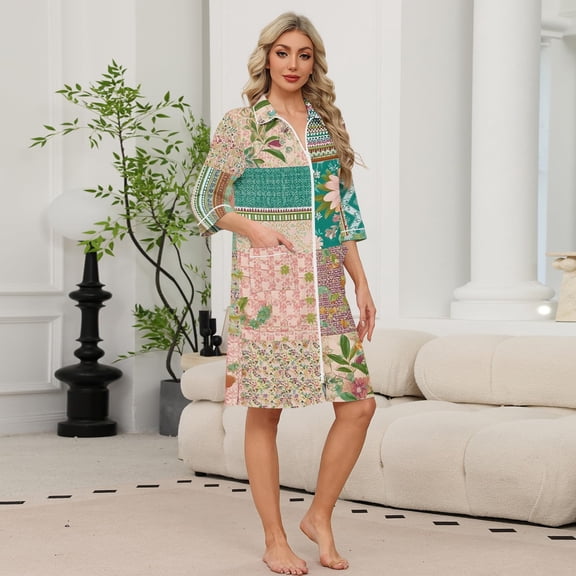 Zipper Robes for Women Lightweight Loose Fit Summer Housecoats for Women Zipper Front 3/4 Length Sleeve Knee Length Vintage Floral Print Casual Pajama Sleepwear with Pockets Army Green XXL