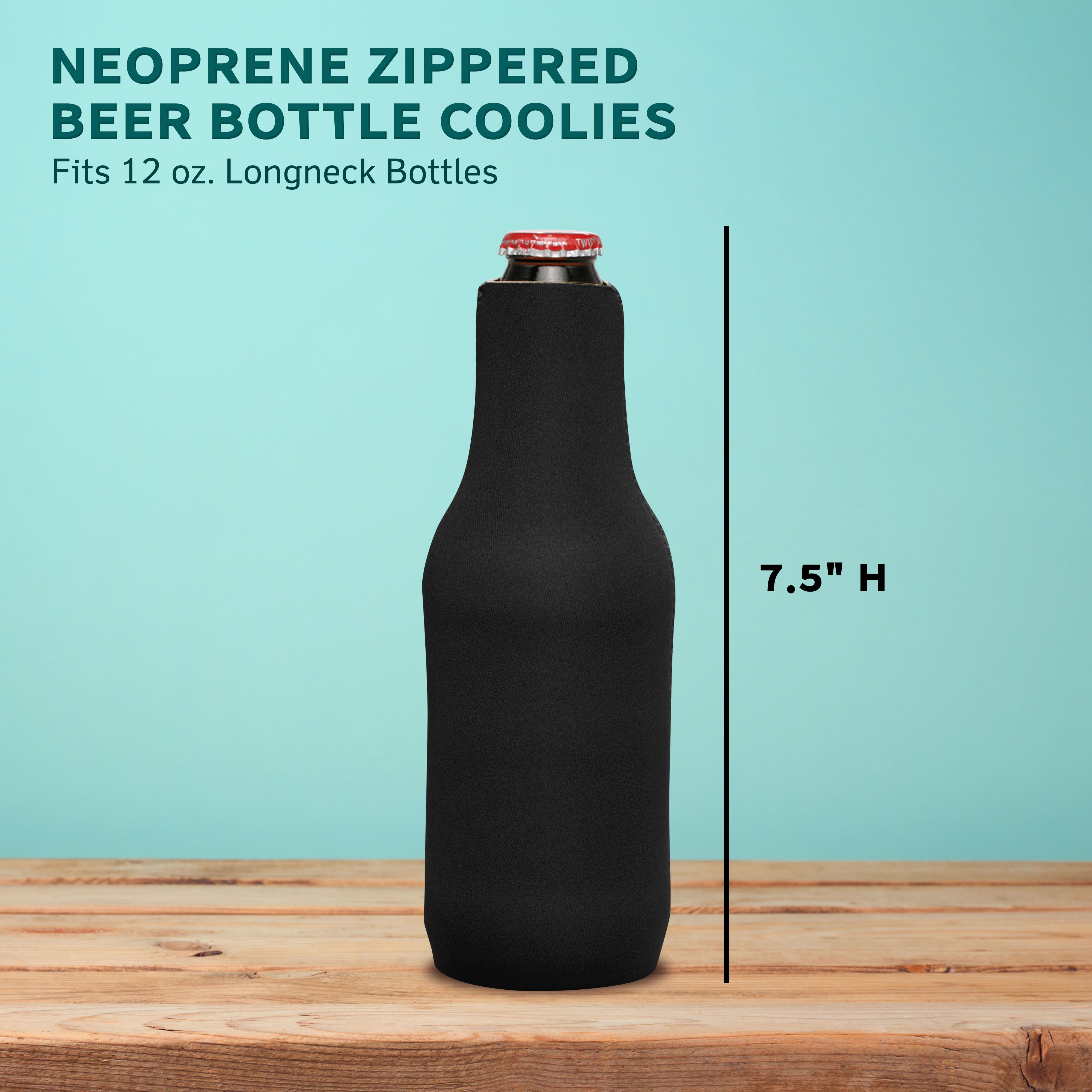 10 Neoprene Zippered Beer Bottle Coolies Pack - Sharkskin Rubber Bottom - Black