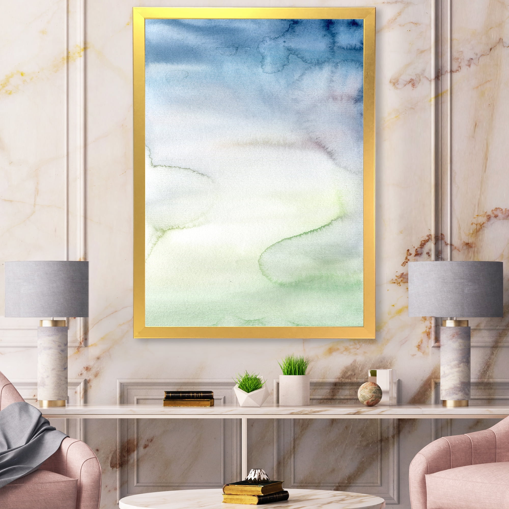 Designart 'Pastel Abstract With Green Dark Blue and White Spots' Modern Framed Art Print
