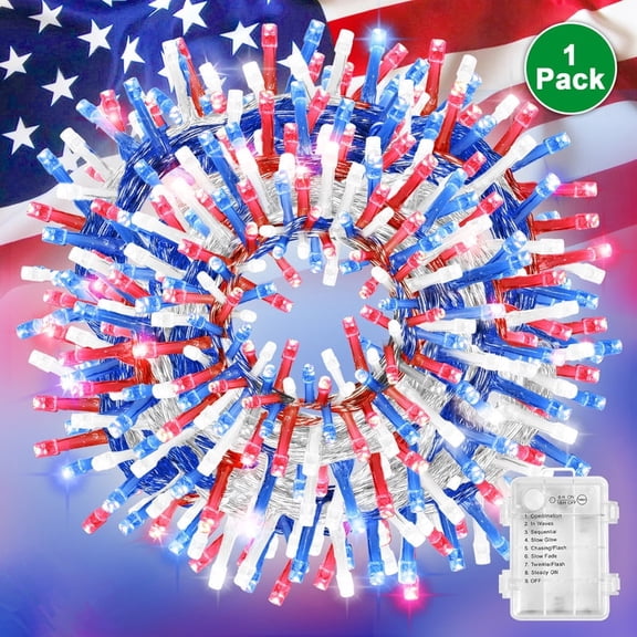 Battery Operated White, Red & Blue Christmas Lights, 34.1FT 100 LED String Lights with 8 Modes for Indoor Xmas Tree Decoration