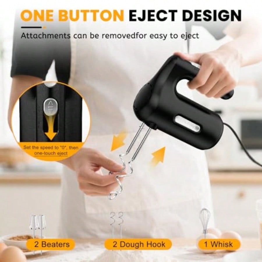5-Speed Hand Mixer Electric 300W Compact Handheld Mixer Portable Kitchen Egg Beater with 5 Attachments and Storage Bag Cake Supplies for Bread Dough Baking Lightweight Black