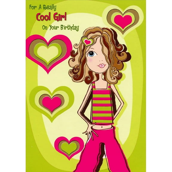 Designer Greetings Cool Girl Green and Pink Striped Shirt Juvenile : Kids Birthday Card for Young Girl