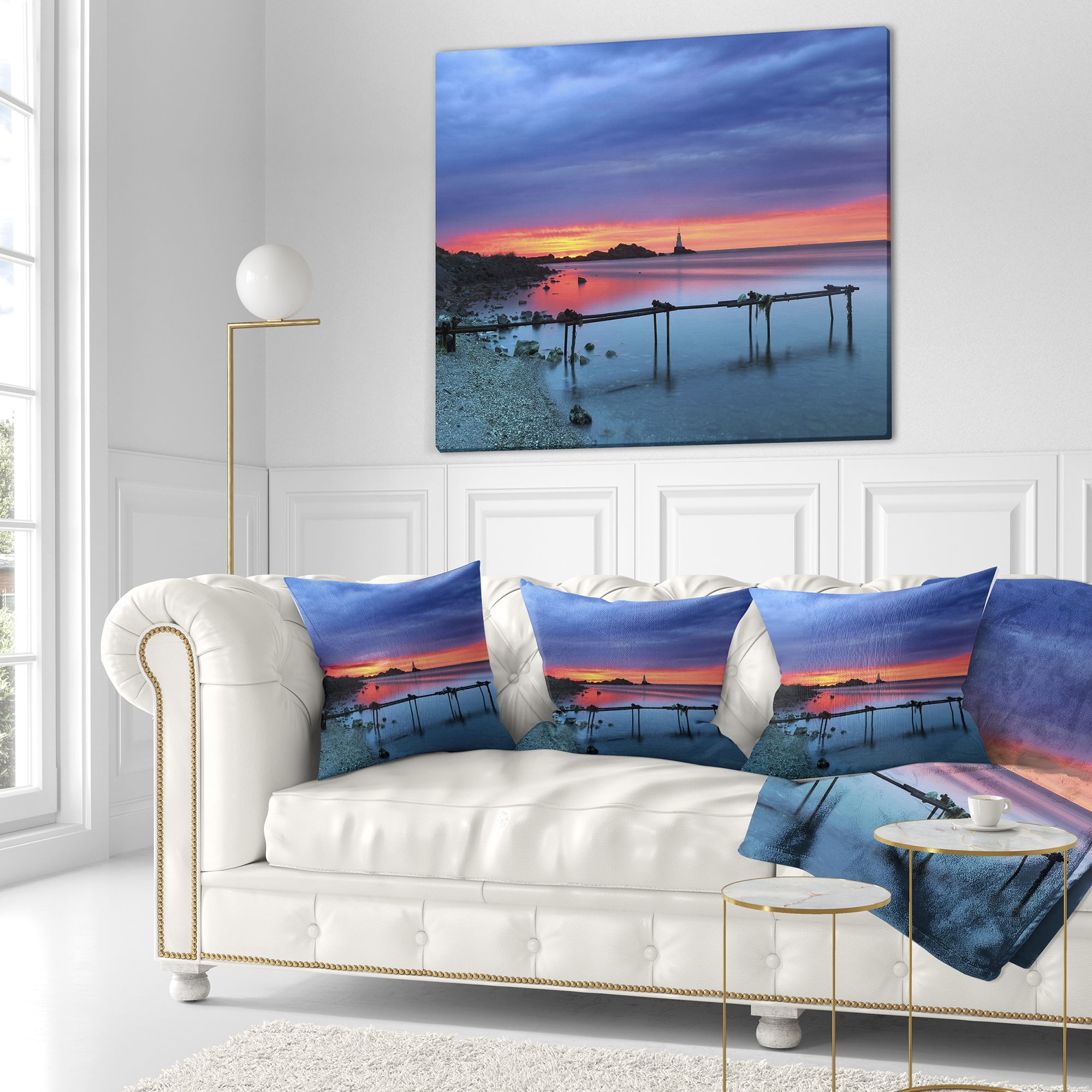 Designart Blue Sky and Waters Panorama - Modern Seashore Throw Pillow - 18x18
