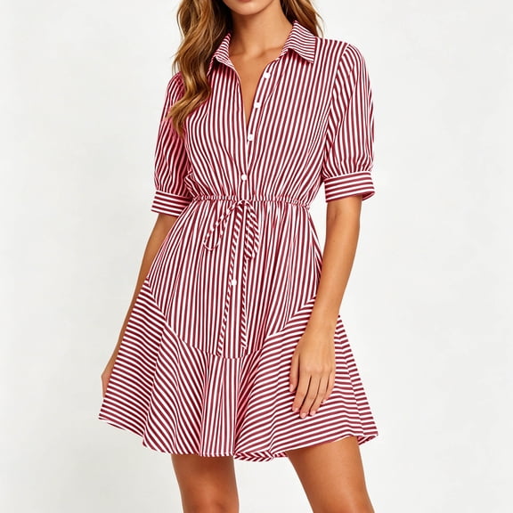 Sokhug Shirt Dresses for Women Striped Puff Sleeve Turn Down Collared Waist Tie Flared Hem Casual A Line Mini Dresses