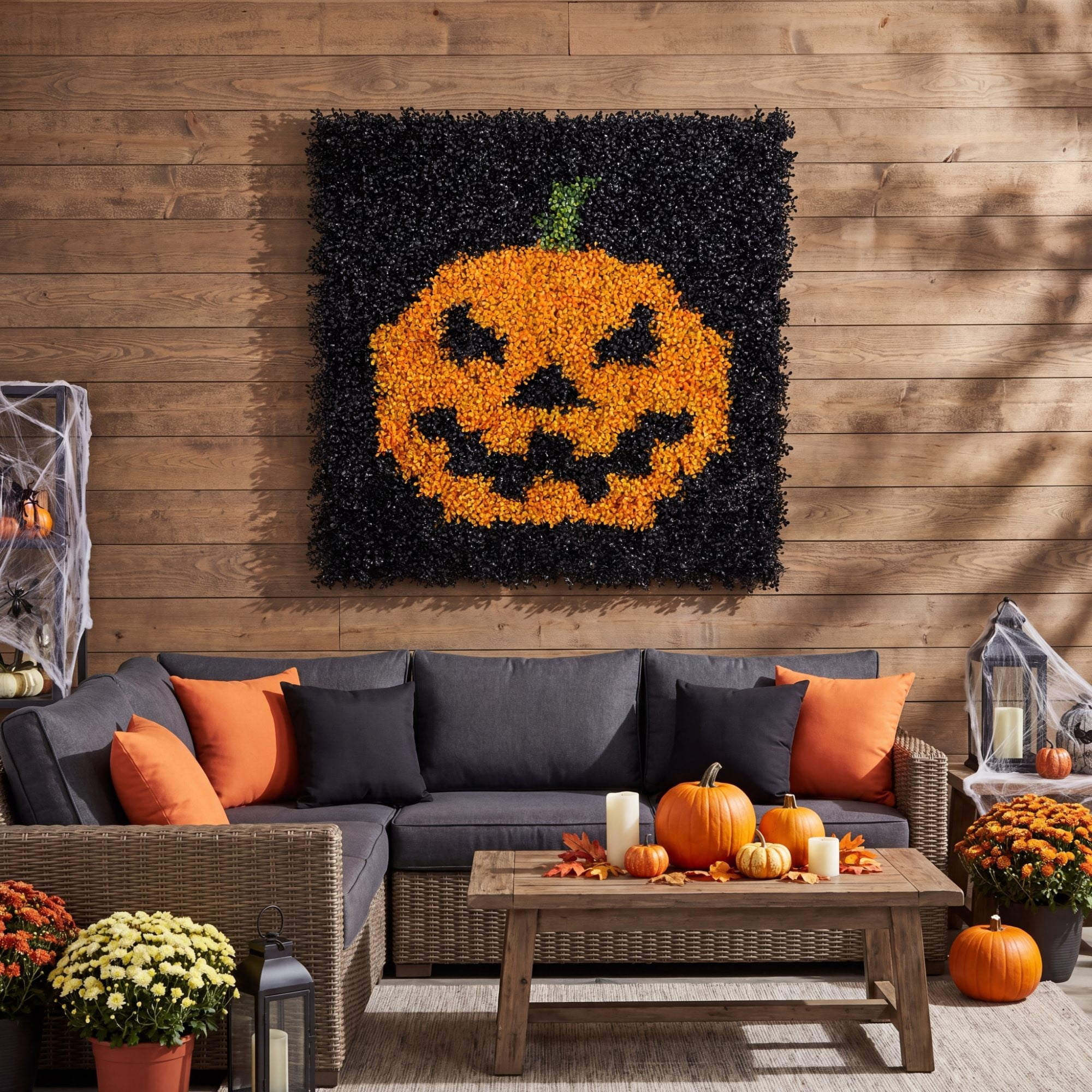 40in. x 40in. UV Resistant Artificial Halloween Boxwood Jack-o'-Lantern Wall Decor Mat (Indoor/Outdoor)