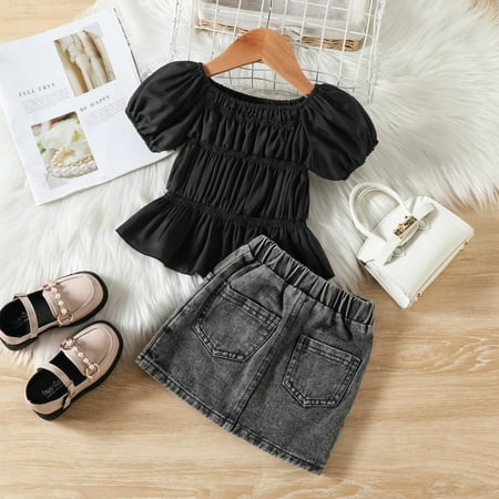 

NECHOLOGY Toddler Kids Baby Girls Short Puff Sleeve Ruffle T Shirt Tops Denim Skirts 2PCS Princess Little Girl Fashion Outfits Childrenscostume Black 3-4 Years