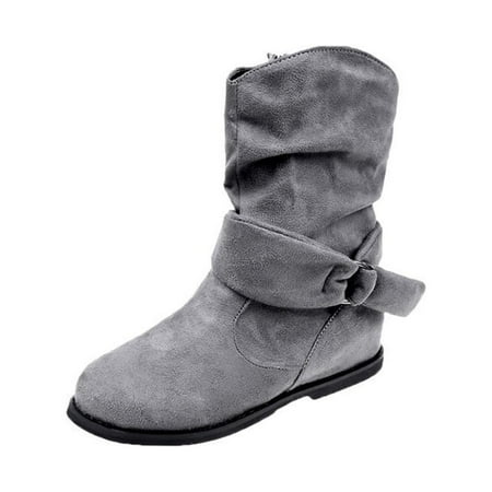 

Juebong Women s Winter Flat Leather Belt Buckle Suede Zipper Round Toe Ankle Boots Gray Size 6.5