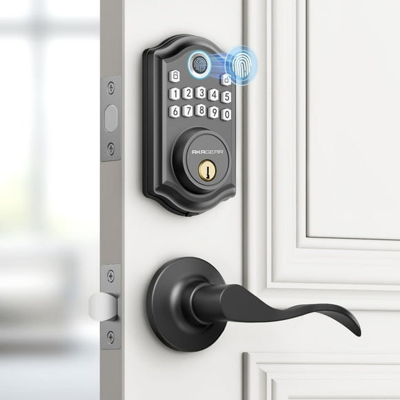 Cerradura de puerta de entrada sin llave con manija – 2 manijas de palanca, cerradura de puerta con huella digital AkaGear, cerrojo con teclado electrónico, 2 llaves, cerradura inteligente para puerta