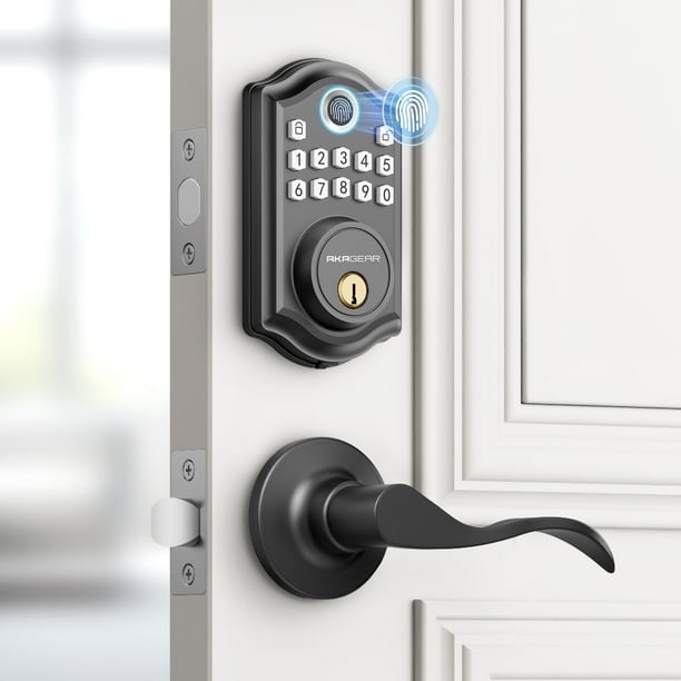 Cerradura de puerta de entrada sin llave con manija – 2 manijas de palanca, cerradura de puerta con huella digital AkaGear, cerrojo con teclado electrónico, 2 llaves, cerradura inteligente para puerta