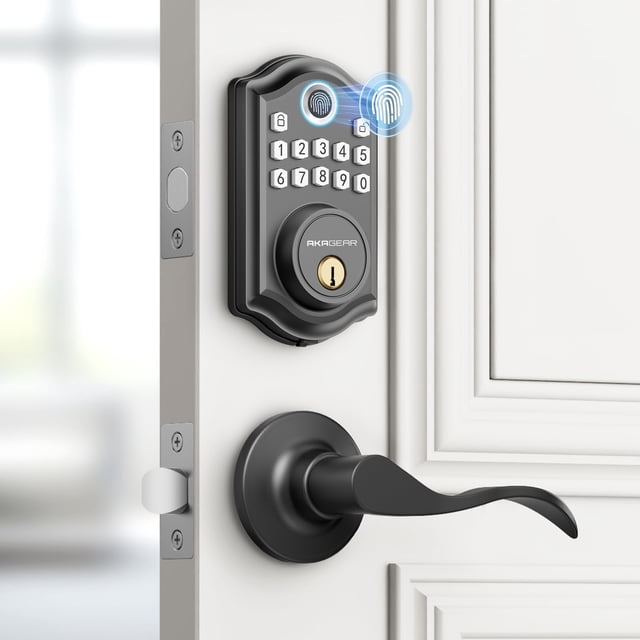 Cerradura de puerta de entrada sin llave con manija – 2 manijas de palanca, cerradura de puerta con huella digital AkaGear, cerrojo con teclado electrónico, 2 llaves, cerradura inteligente para puerta
