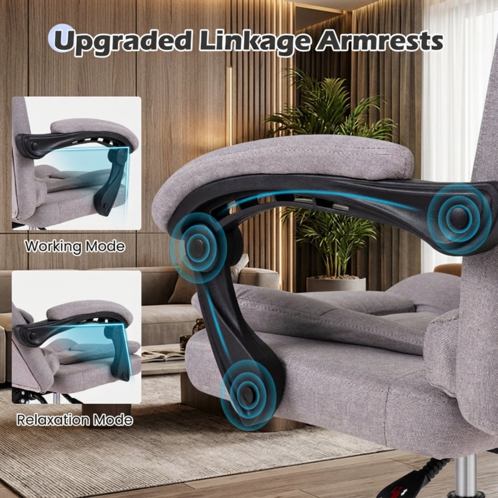Furnibear High Back Executive Office Chair with Linkage Armrests Adjustable Recline Linen Fabric Seat and Swivel Five Point Base for Home Office, Gray