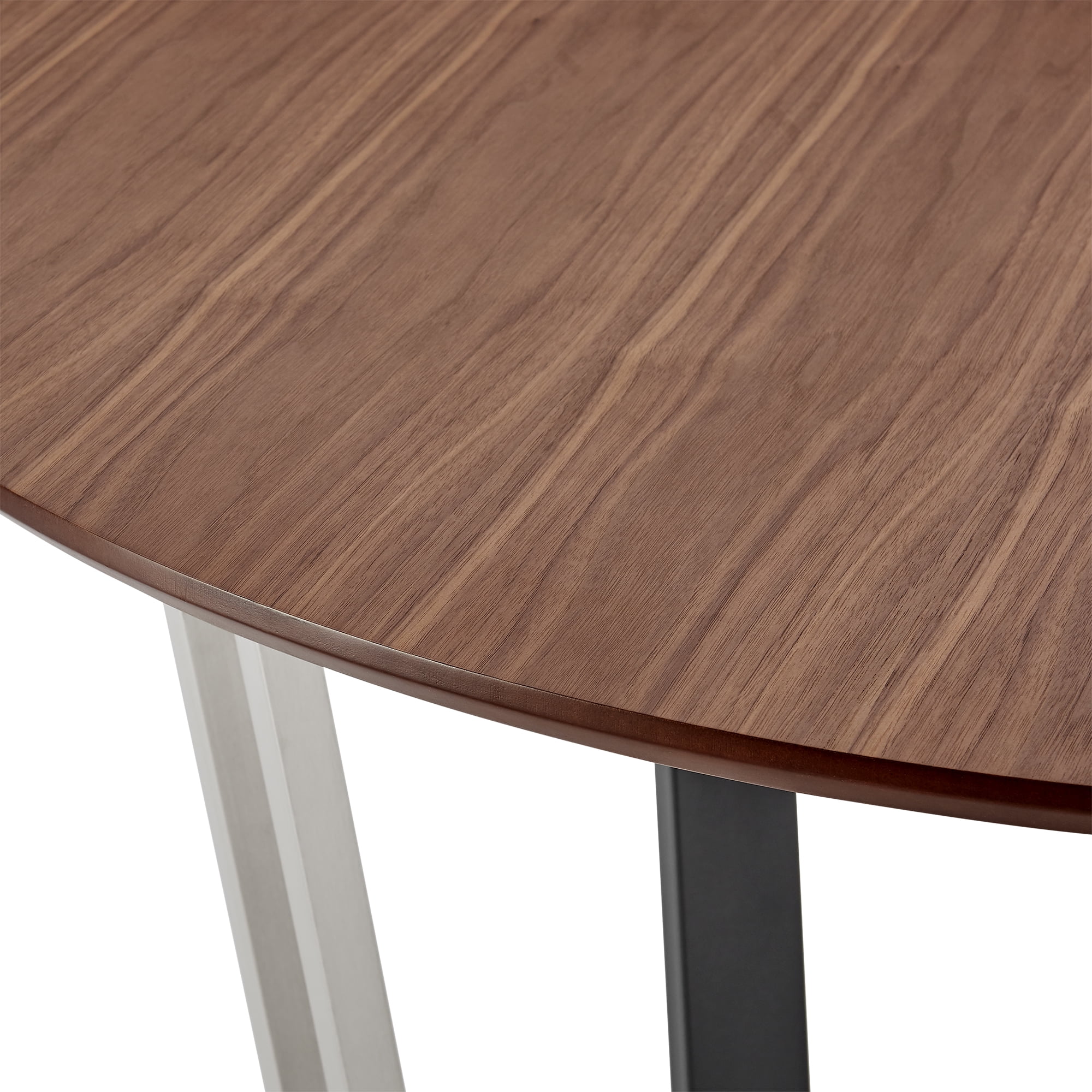 Joana 48" Round Dining Table in Brushed Stainless Steel and Black Iron Base with Walnut Tabletop