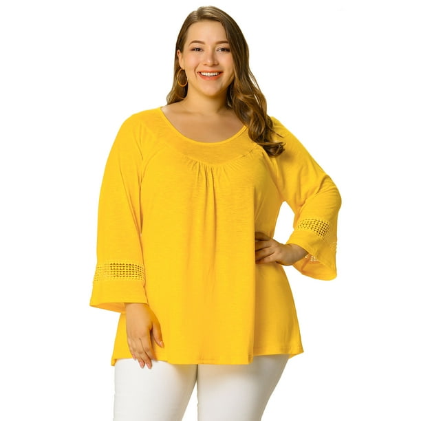 BluDelanteFrunciCon Mangas Raglán Kimono Con Panel De Ganchillo Agnes Orinda Amarillo 3XL