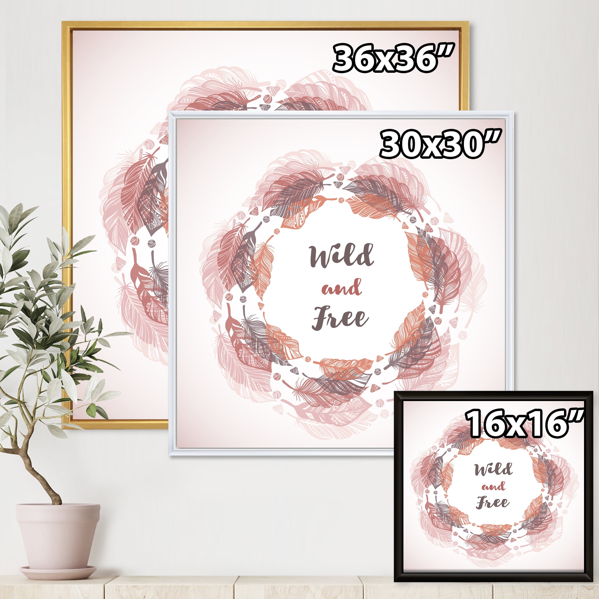 Designart 'Wild and Free Feather Wreath In Boho Style' Bohemian & Eclectic Framed Canvas Wall Art Print