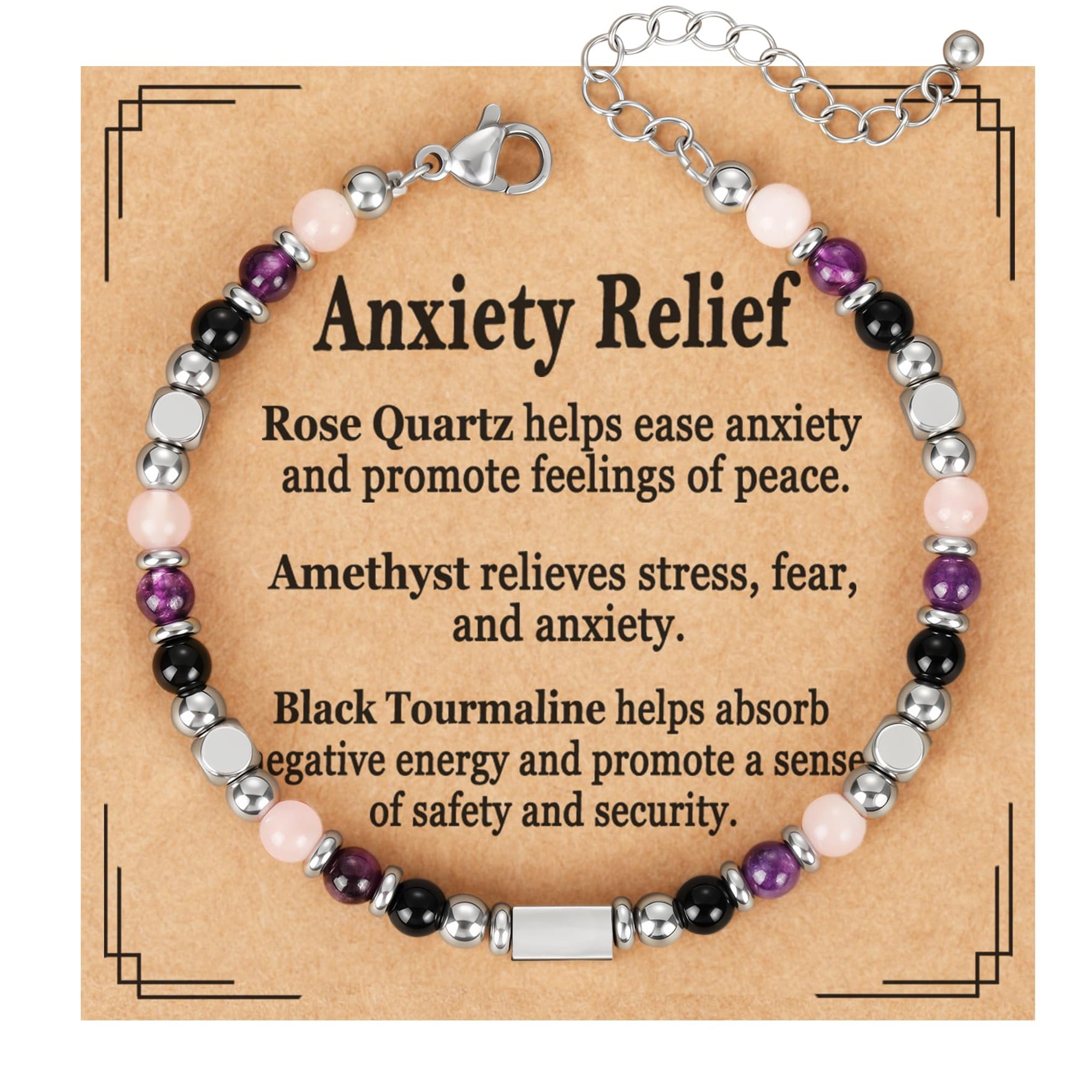 APSVO Natural Healing Crystal Bracelets for Women Stress Worry Anxiety Relief Rose Quartz Amethyst Black Tourmaline Bracelet Birthday Mothers Day Graduation Jewelry Gifts Teen Mom Her Wife Ideas