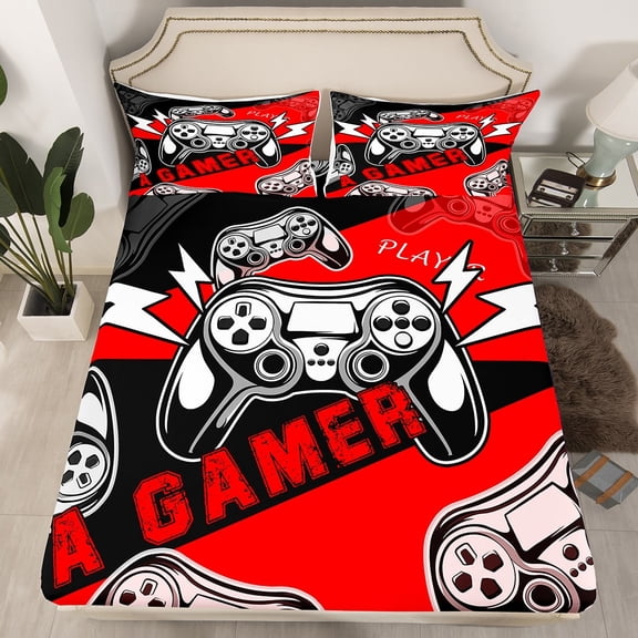 Erosebridal Gamer Fitted Sheet Teens,Video Game Bedding Set Twin Size,Gaming Bed Sheets Gamer Room Decor,Red Black Gamepad Controller Bed Set with 1 Pillowcase