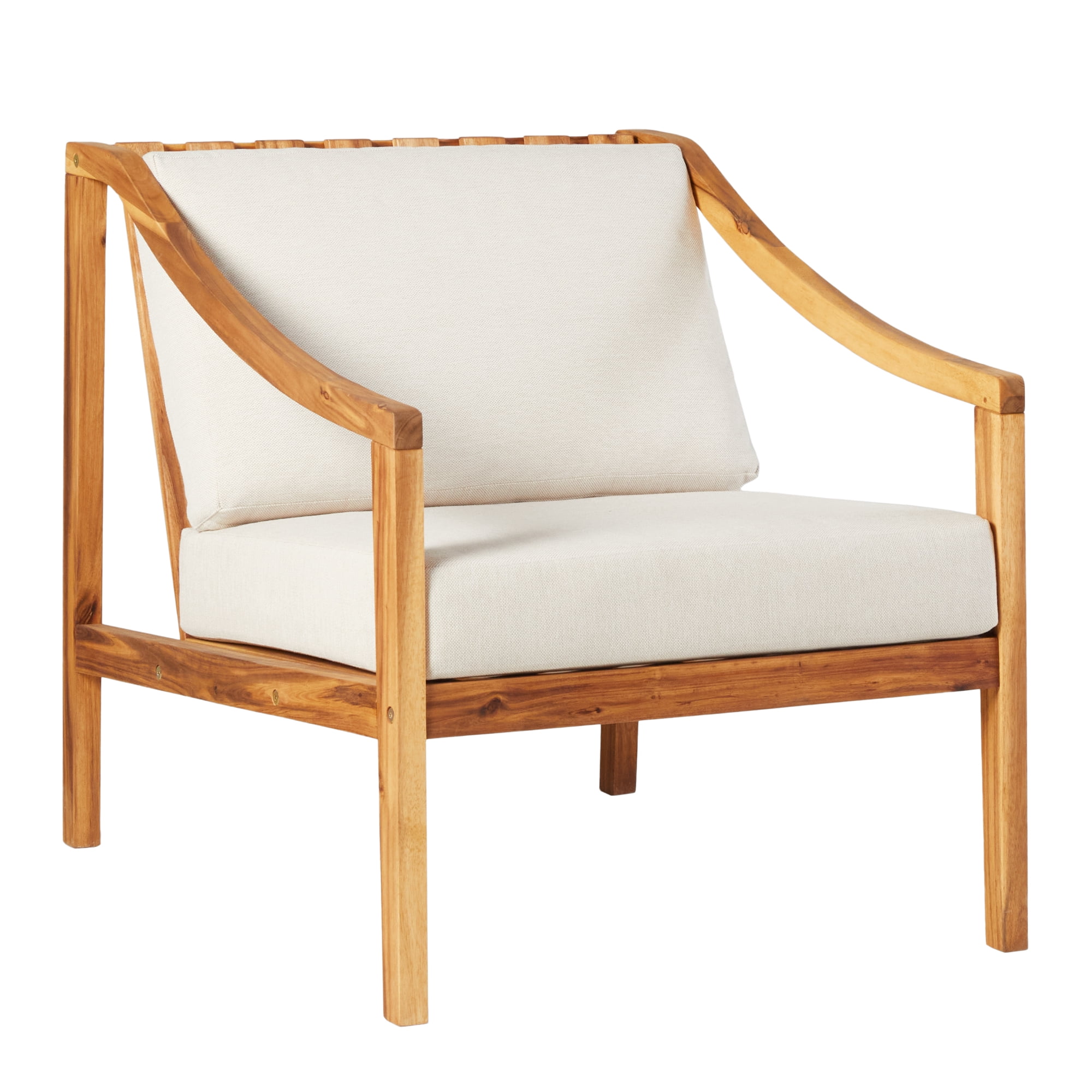 Walker Edison Modern Solid Acacia Wood Weather Resistant Curved Arm Outdoor Club Chair, Natural