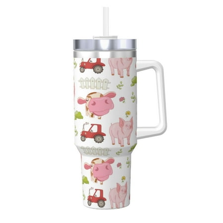 

Gaeub a cow and a pig Print Stainless Steel Hot/Cold Coffee Cup 40oz Ice Bully Cup With Handle And Straw Travel Coffee Cup