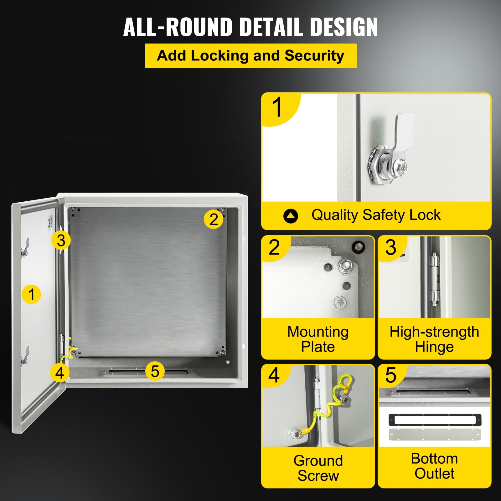 KFFKFF Steel Electrical Box 24”x 24” x 12” Electrical Enclosure Box, Carbon Steel Hinged Junction Box, IP65 Weatherproof Metal Box Wall-Mounted Electronic Equipment Enclosure Box with Mounting Plat