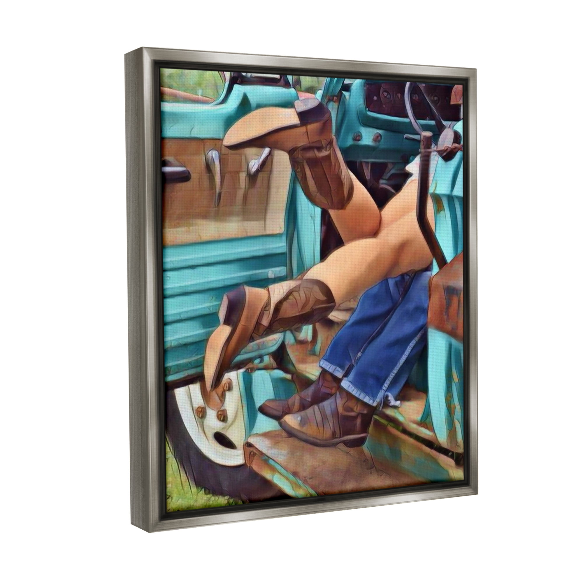 Stupell Industries Country Couple in Truck Transportation Painting Gray Floater Framed Canvas Art Print Wall Art, 25 x 31