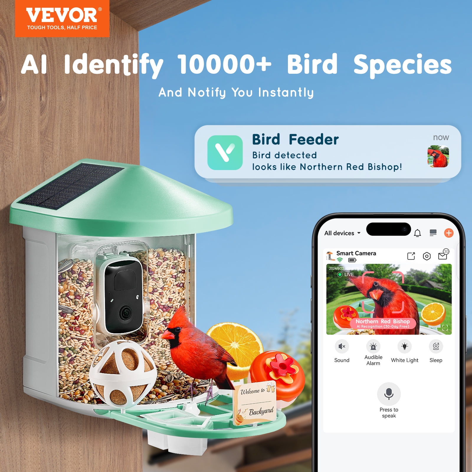 VEVOR Smart Bird Feeder with Camera, 2K HD AI Identify 10000+ Bird Species, Solar-Powered Bird Watching Camera with Auto Capture & Instant Notify, Wireless Outdoor Gift (2 Solar Panels)