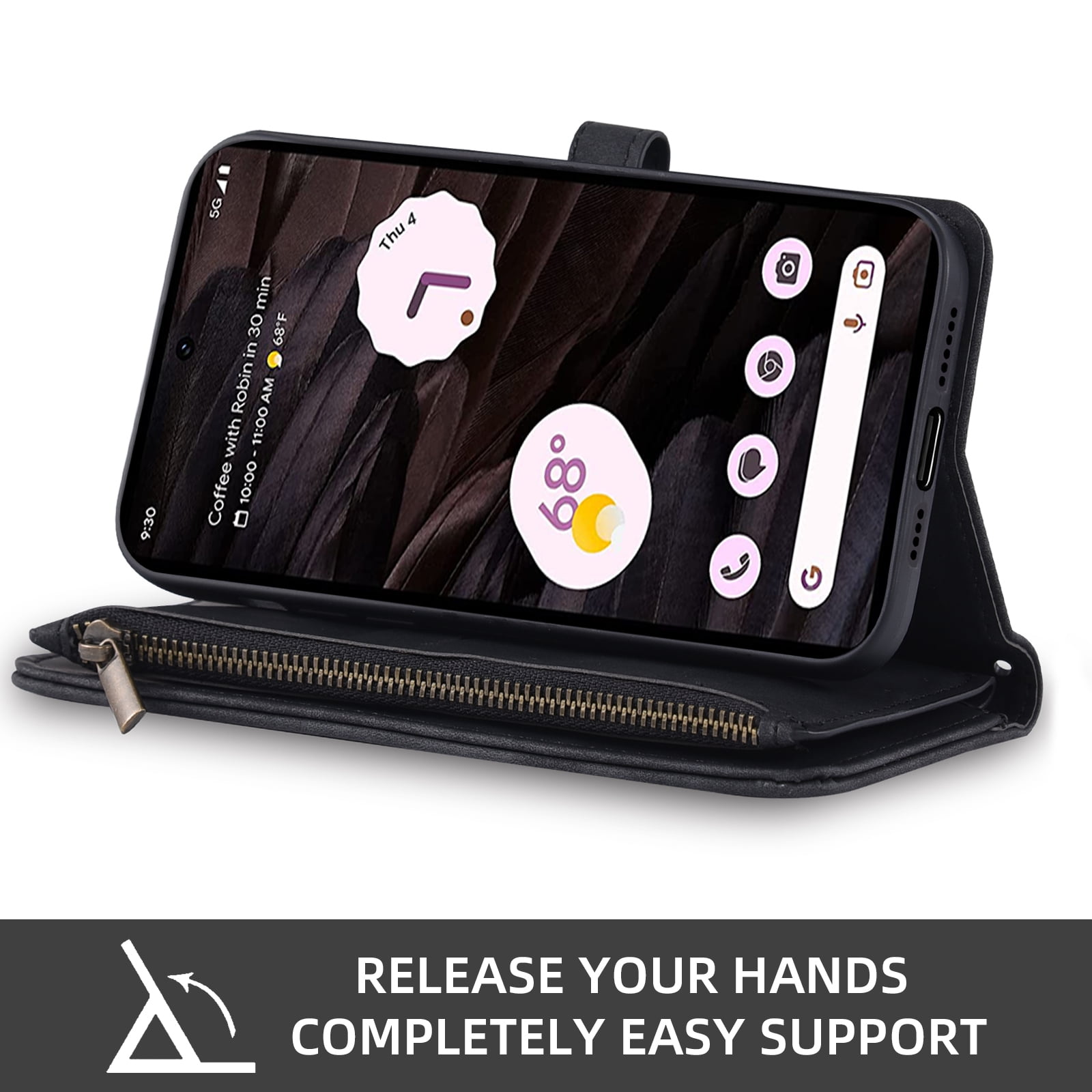Asuwish Phone Case for Google Pixel 7A 5G 2023 Wallet Cover With Tempered Glass Screen Protector Crossbody Wrist Strap Flip Pattern Zipper Credit Card Holder Stand Cell Pixel7A A7 Women Men Black