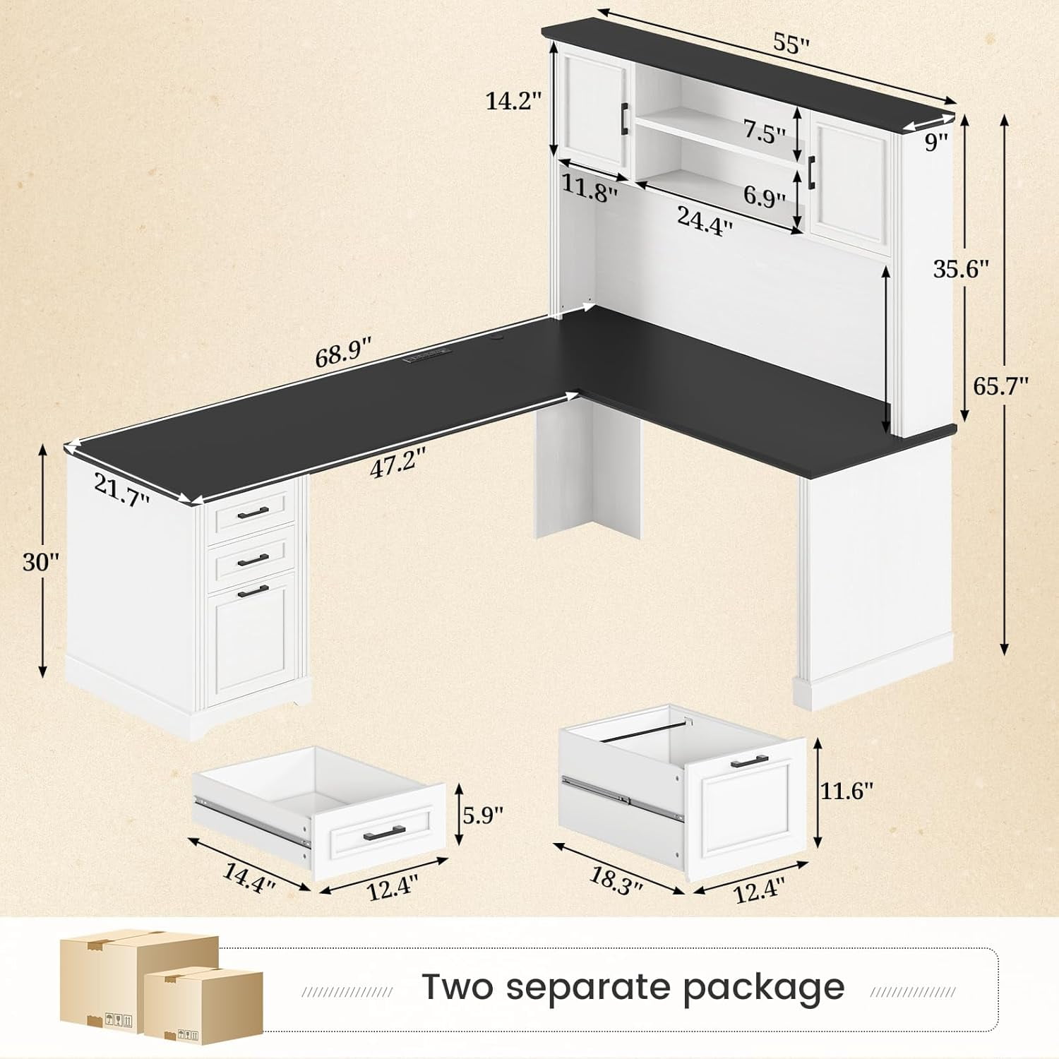 Farmhouse L Shaped Desk with Hutch and 3 Drawers, 68.9" Executive Office Desk with Power Outlet Open Shelves, Elegant Corner Desk Computer Desk with Storage Shelves for Home Office, White