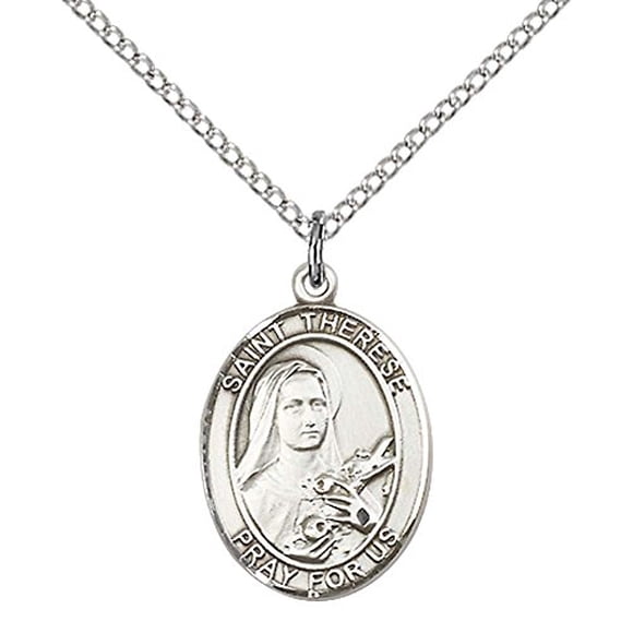 F A Dumont Pendentif en Argent Sterling St. Thérèse de Lisieux avec Chaîne Gourmette en Acier Inoxydable 18 Pouces. Patron des Aviateurs/fleuristes