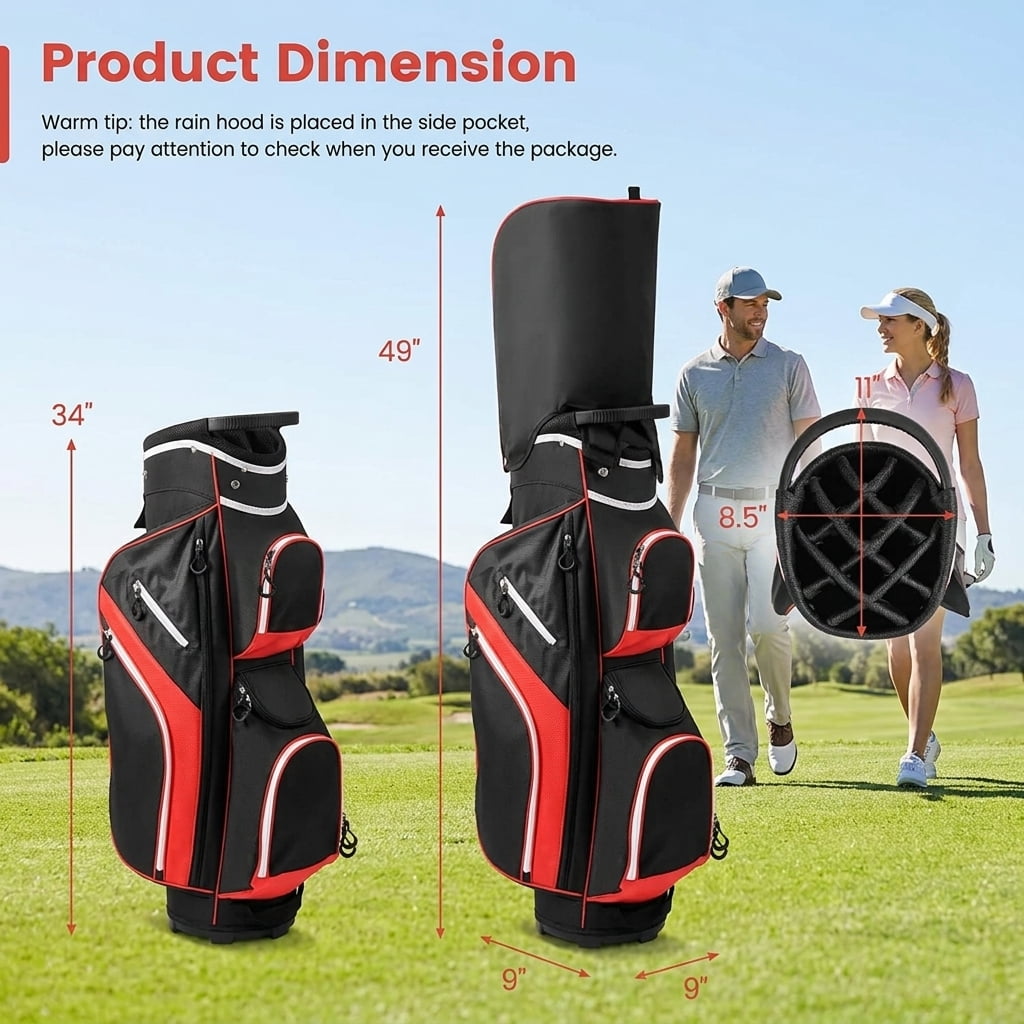 Airfind Tour-Cart 14-Way Golf Cart Bag with Color-Matched Rain Hood and Towel Ring featuring 9 zip pockets and a 9 in cart-well base for cart play, Sport Red