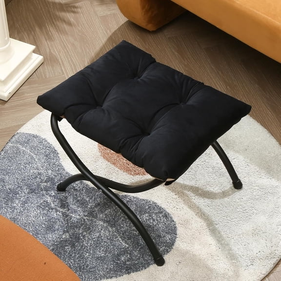 15 Inch Foldable Foot Stool Ottoman with Metal Frame - Washable Black Upholstered Indoor Outdoor Footrest for Living Room Bedroom  Space Saving Compact Design